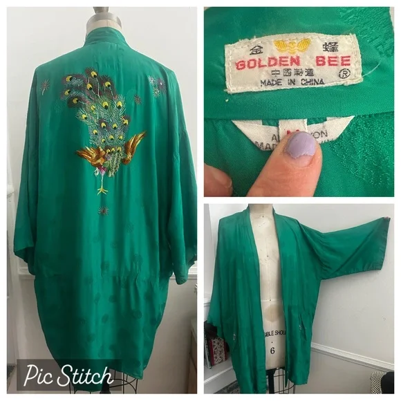 Golden Bee Green traditional vintage Chinese Kimono with Peacock Embroidery sz M - Picture 1 of 15